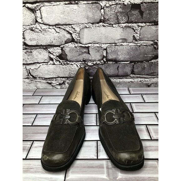 Salvatore Ferragamo Boutique Green Suede Leather Logo Pump Shoes Women Sz 8.5 2A - Picture 5 of 16